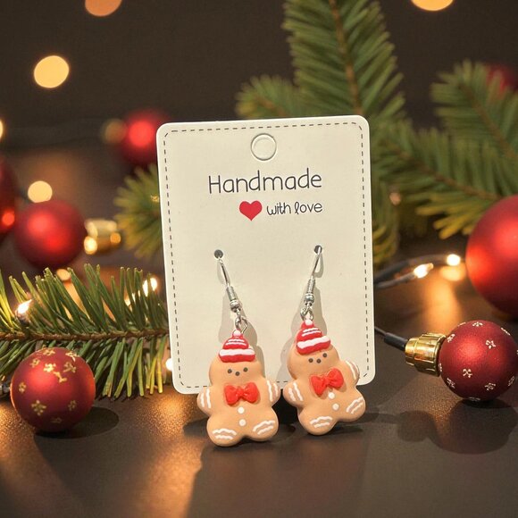 Handmade Gingerbread Man Earrings | Christmas Earrings | Polymer Clay Jewelry - Picture 1 of 7